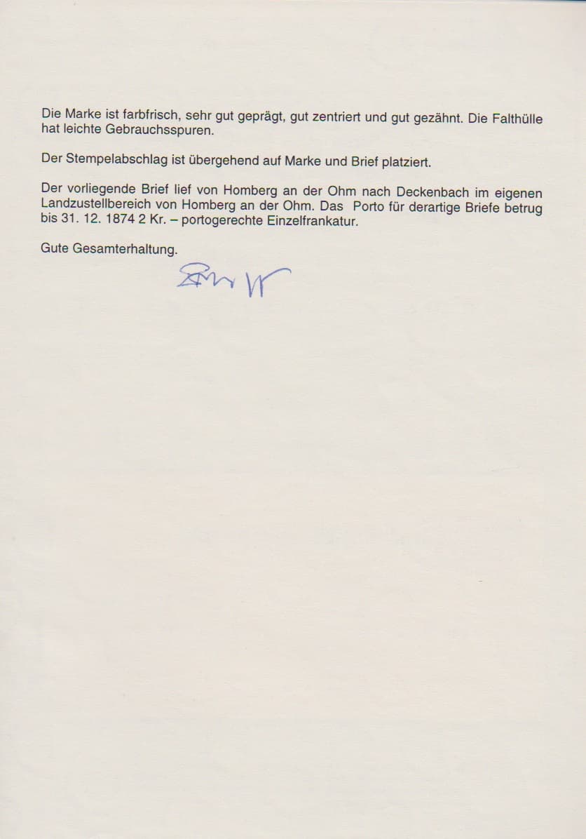 Los 399 - 2 Kr. ziegelrot, Kabinettstück einzeln mit Ra3 von Homberg/Ohm auf vorgedrucktem Brief in den eigenen Landbezirk, Attest Brugger. Mi. 900,-