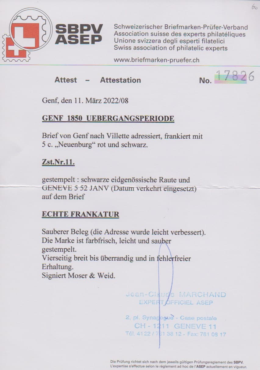 Los 1041 - Neuenburg 5 C. schw./rot, überrandiges Kabinettstück, rechts Nebenmarke, auf kleinem Damencouvert von Genf (Neben-K1 mit verkehrtem Datum, bisher erst von drei Tagen mit dieser Fehleinstellung bekannt) 1852 nach Villette, kleine Korrektur im Adressbereich des ansonsten hübschen Briefchens, sign. Moser, Weid, Roumet und Attest Marchand. Mi. 7500,-