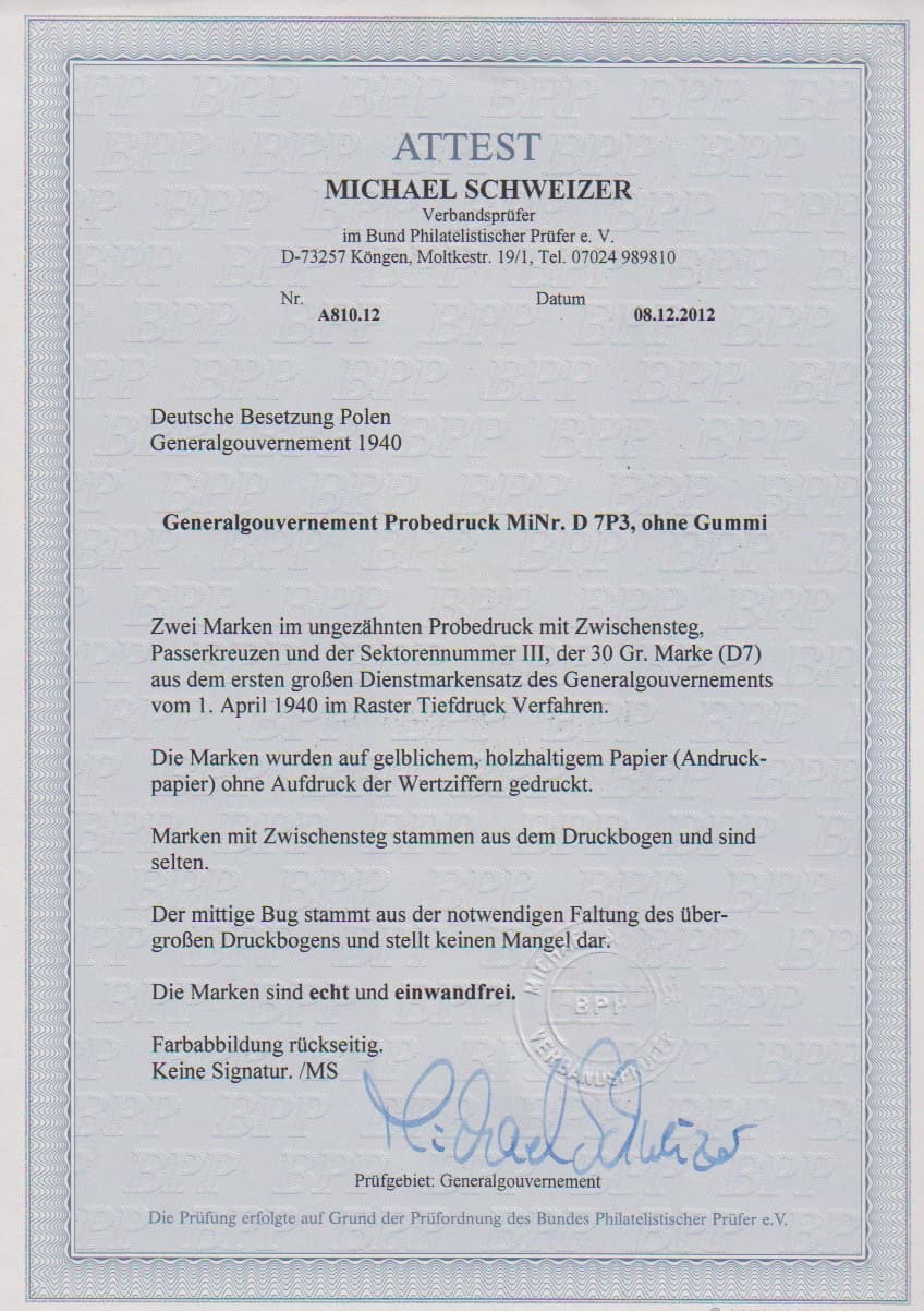 Los 965 - Dienst 30 Gr. rosalila, ungezähnter Probedruck auf gelblichem Andruckpapier im senkrechten Zwischenstegpaar mit zwei Passerkreuzen (übliche Vorfaltung im Steg kein Mangel). In dieser Form sehr seltene Einheit aus unzertrenntem Druckbogen, nur die beiden losen Marken werten schon 1800,- Mi., Attest Schweizer