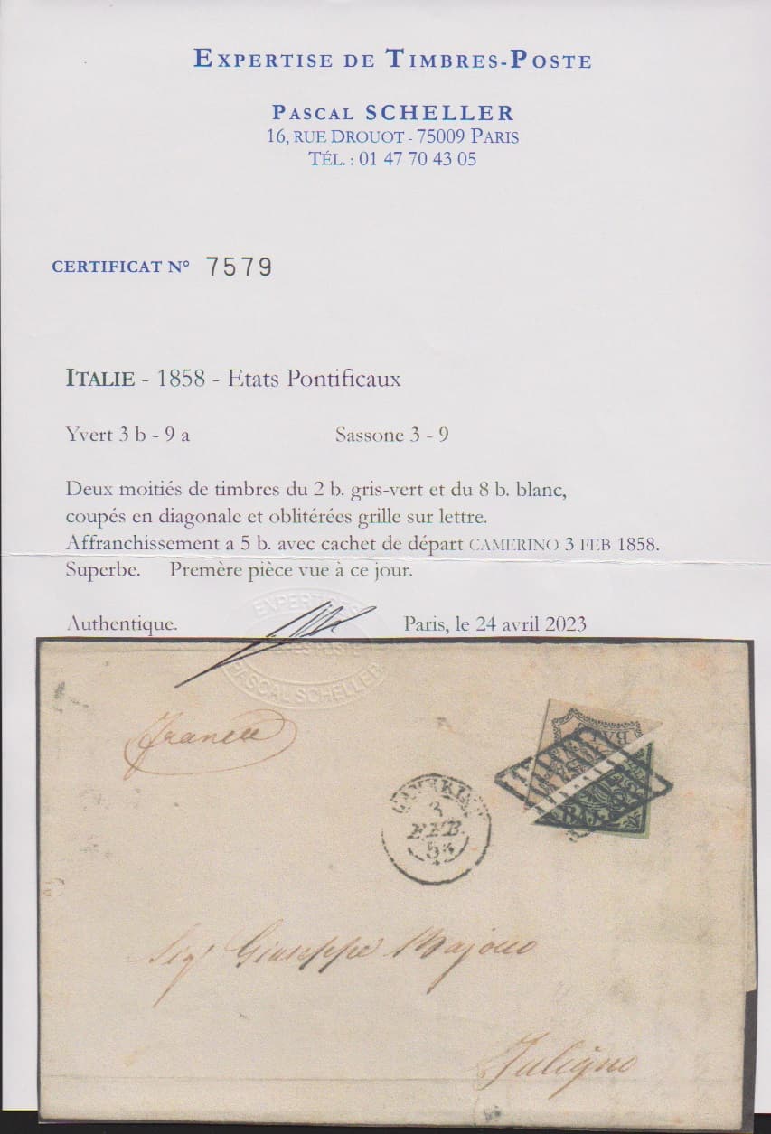 Los 1034 - 2 Baj. schw./gelbgrün und 8 Baj. schwarz, je diagonal halbiert als 5 Baj.-Porto auf Brief (dieser unten kleiner Randriß ausserhalb) von Camerino 1858. Eine äusserst seltene, nur zwei weitere Male bekannte Frankatur (Sassone ohne Bewertung, vergleichbar = 125000,- Euro, Michel ohne Preis). Attest Scheller "Superbe. Premère pièce vue à ce jour". Foto siehe Katalog-Rückseite