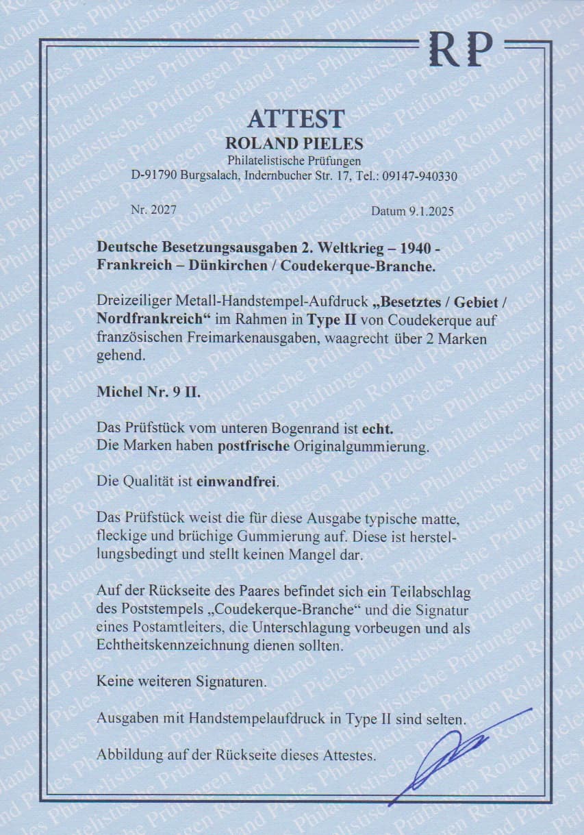Los 962 - Dünkirchen, 20 C. Säerin im tadellos postfrischen Paar vom Unterrand mit Handstempel-Aufdruck in guter Type II von Coudekerque. Die Auflage betrug nur 80 bis 100 Ex., so dass diese Marke generell selten ist. Mi. 2500,- (unterbewertet!), Attest Pieles