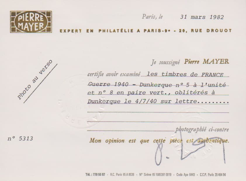 Los 961 - Dünkirchen, 40 C. Merkurkopf im Paar mit Handstempel-Aufdruck in Type I, nebst unterer Hälfte der 25 C., je tadellos auf Brief (leichte Mittelfalte ausserhalb) von Dünkirchen. Atteste Tust, Mayer und Pieles: "Die vorliegende Nr. 1I ... zählt zu den großen Seltenheiten der Besetzungsausgaben von Dünkirchen". Michel Brief 12.000,-, lose 8000,-