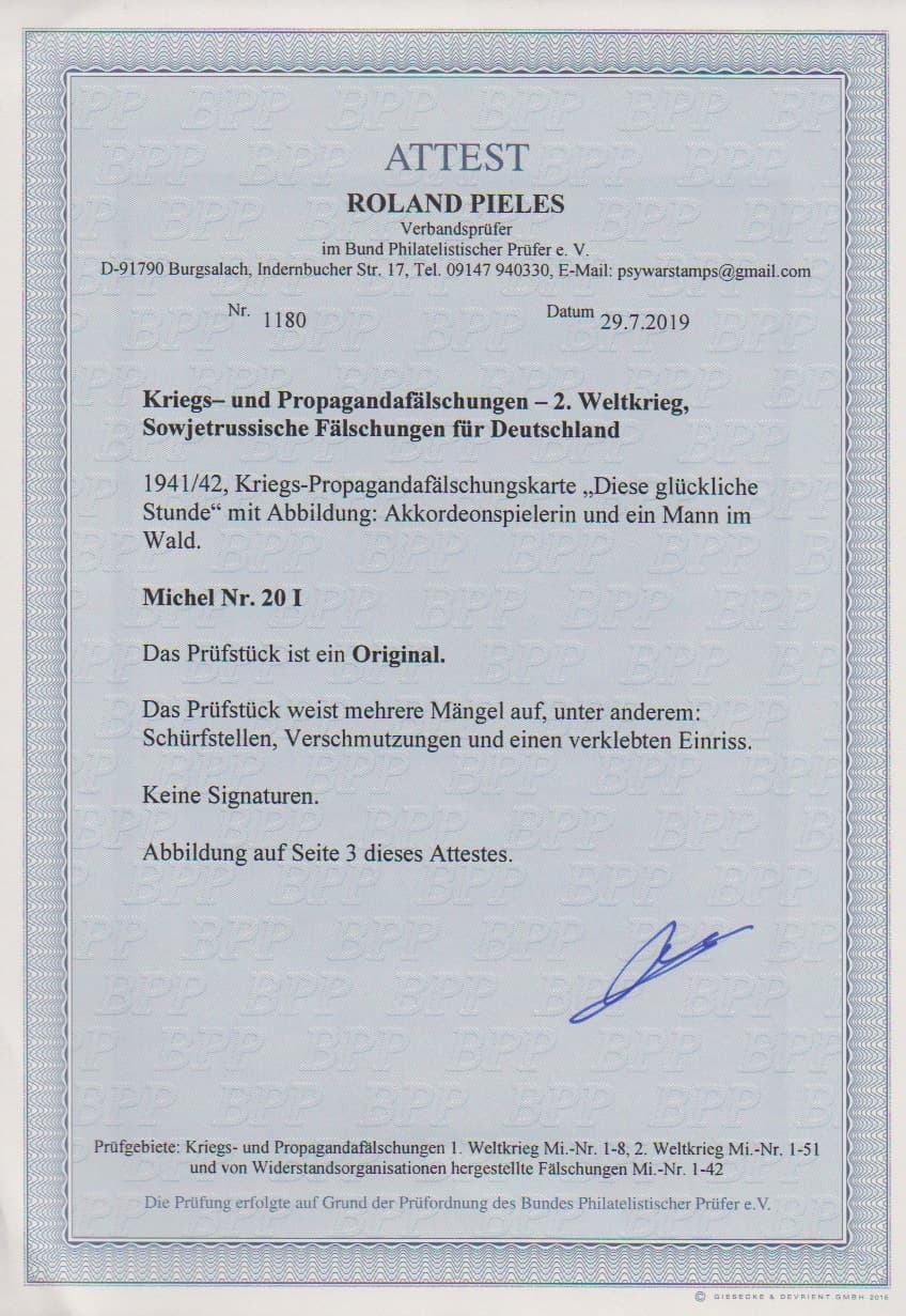Los 973 - Sowjetrussische Fälschung für Deutschland, Kriegspropaganda-Fälschungskarte "Diese glückliche Stunde" mit Abbildung einer Akkordeon-Spielerin und eines Mannes im Wald. Die Karte weist abwurfbedingte Qualitätseinschränkungen auf, die hierfür typisch sind. Nur wenige Exemplare bekannt, Attest Pieles. Mi. 1700,-