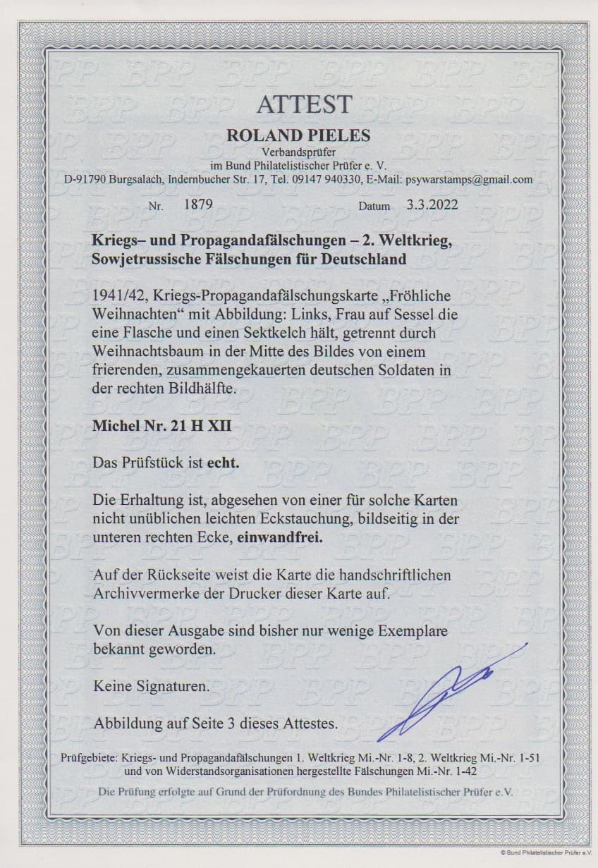 Los 974 - Sowjetische Fälschung für Deutschland, Kriegspropaganda-Fälschungskarte "Fröhliche Weihnachten" mit Abbildung einer Frau auf dem Sessel mit Sekt und eines kauernden Soldaten im Bombenhagel. Die Karte ist in weit überdurchschnittlicher Erhaltung (belanglose Eckstauchung) und ist offensichtlich nicht abgeworfen worden, sondern stammt aus dem Druckarchiv. Diese Propagandakarte gehört zu den Seltenheiten dieses Gebietes, bisher sind keine handvoll (!) Exemplare bekannt! Attest Pieles