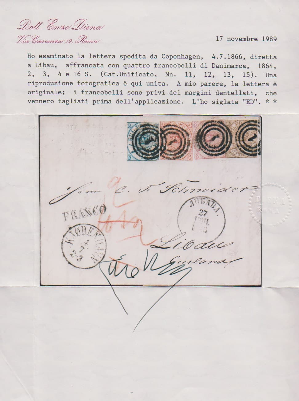 Los 7493 - 2 Sk. blau, 3 Sk. lila, 4 Sk. orangerot und 16 Sk. olivgrau als reine Vierfarben-Frankatur, wobei alle Marken unter Verlust der Zähnung geschnitten sind, auf Brief von Kopenhagen 1865 nach Liebau. Ein aussergewöhnliches Stück, Fotoattest E. Diena