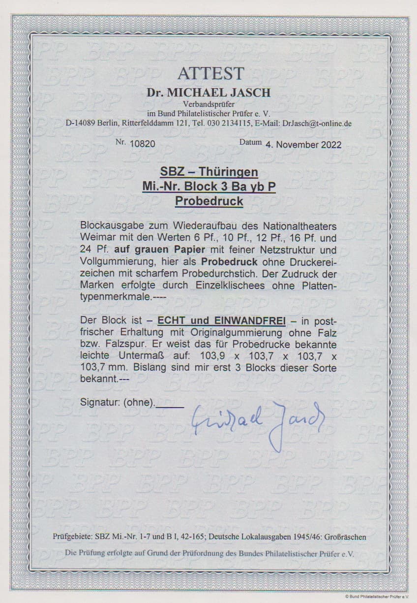 Los 1008 - Weimar-Block, graues Papier, Probedruck ohne Plattentypen-Merkmale (im manuellen Druck hergestellt), mit starker senkrechter Gummiriffelung und Probedurchstich, ohne Druckerzeichen, tadellos postfrisch. Eine bedeutende SBZ-Rarität. Attest Jasch: "Echt und einwandfrei, bislang mir erst drei Blocks dieser Sorte bekannt". Mi. 9000,- +