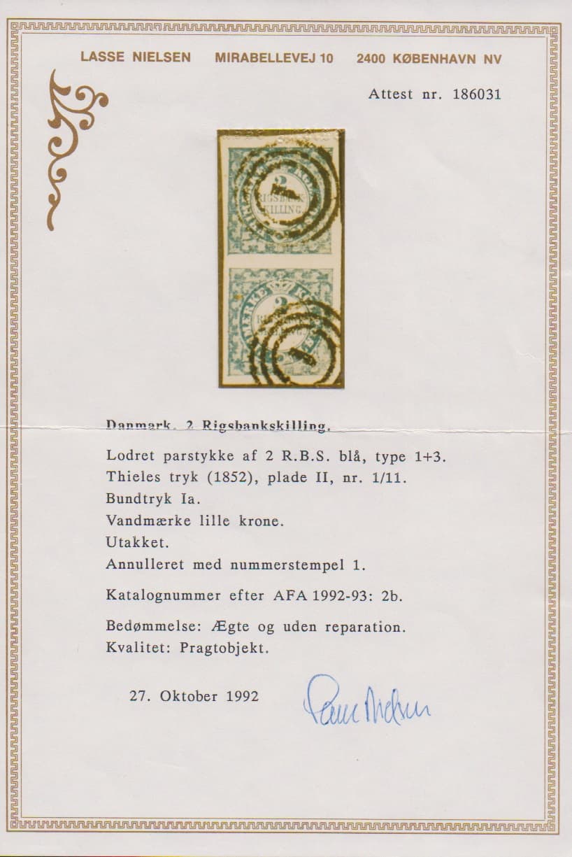 Los 1030 - 2 Sk. blau, teils sehr breitrandiges Kabinettpaar vom Oberrand mit NS "1", Typen 1 und 3. Einheiten dieser Marke sind selten! Sign. Möller und Attest Nielsen