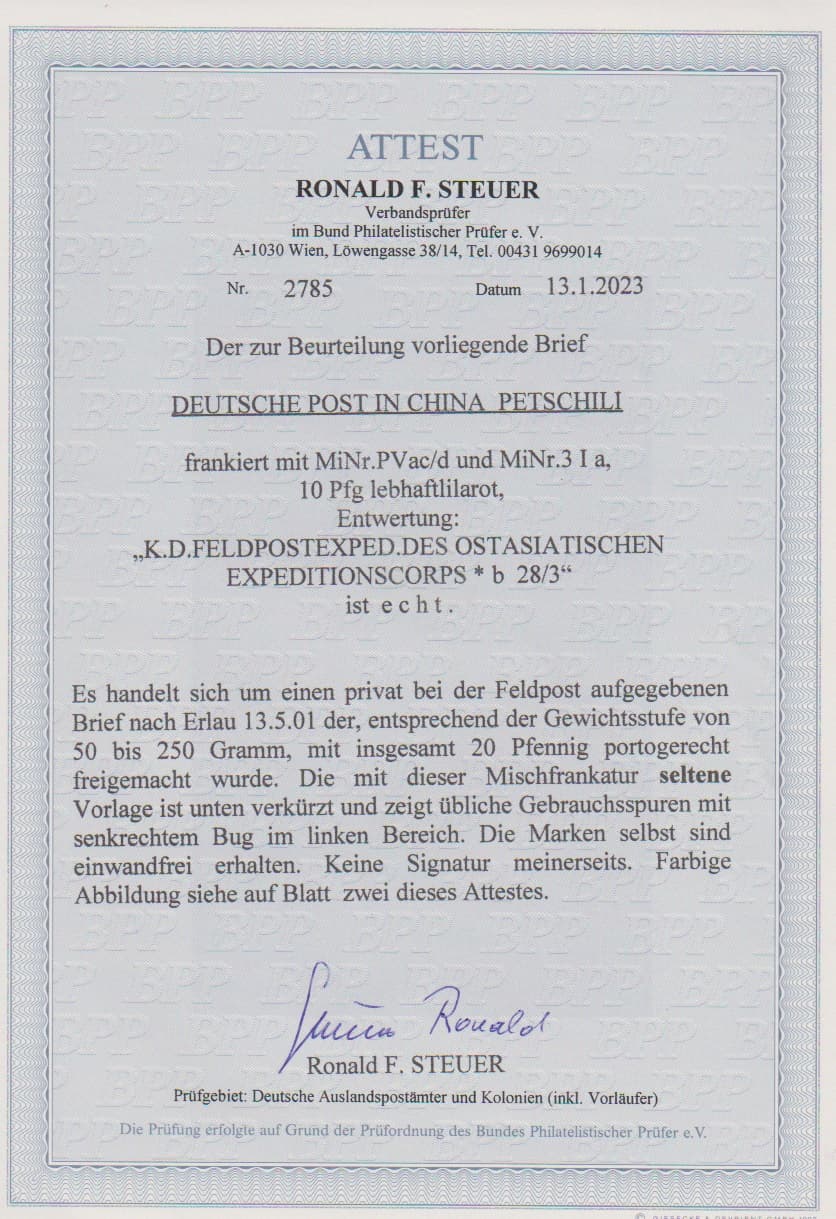 Los 6020 - Petschili, Krone-Adler 10 Pfg. in Mischfrankatur mit Aufdruck-Ausgabe 10 Pfg. als tadellose 20-Pfg.-Frankatur auf übergewichtigem Feldpostbrief (senkr. gefaltet und unten etwas verkürzt) mit Stempeln "K.D. FELDPOSTEXPED. OAEC "b" 28/3" nach Deutschland mit Ank.-Stempel vom 13.5.01. Mischfrankaturen der Krone/Adler-Petschilis mit Marken der Aufdruck-Ausgabe sind selten, Fotoattest Steuer. Mi. 2000,- + (lt. Steuer zweifach = 4000,-)