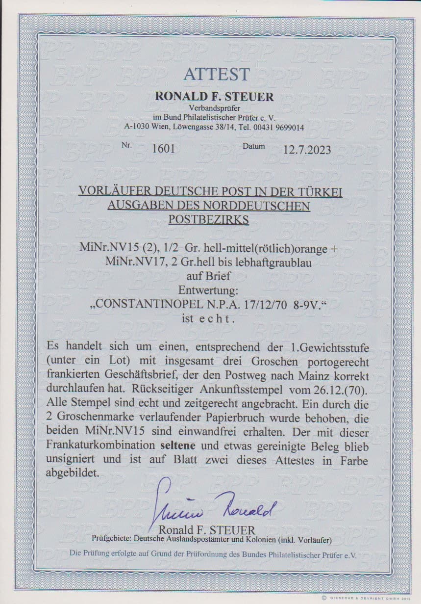 Los 936 - Vorläufer NDP, 1/2 Gr. orange, zwei Exemplare nebst 2 Gr. hellultramarin als tarifmäßige 3-Gr.-Frankatur auf Brief nach Mainz, klare K1 "CONSTANTINOPEL N.P.A. 17/12 70". Befördert über Triest mit rs. Eingangsstempel vom 26.12.70. Die 2 Gr. mit ausgebesserter Brieffalte, sonst in tadelloser Erhaltung. Eine seltene Darstellung des 3-Groschen-Portos mit den beiden 1/2-Gr.-Marken. Fotoattest Steuer