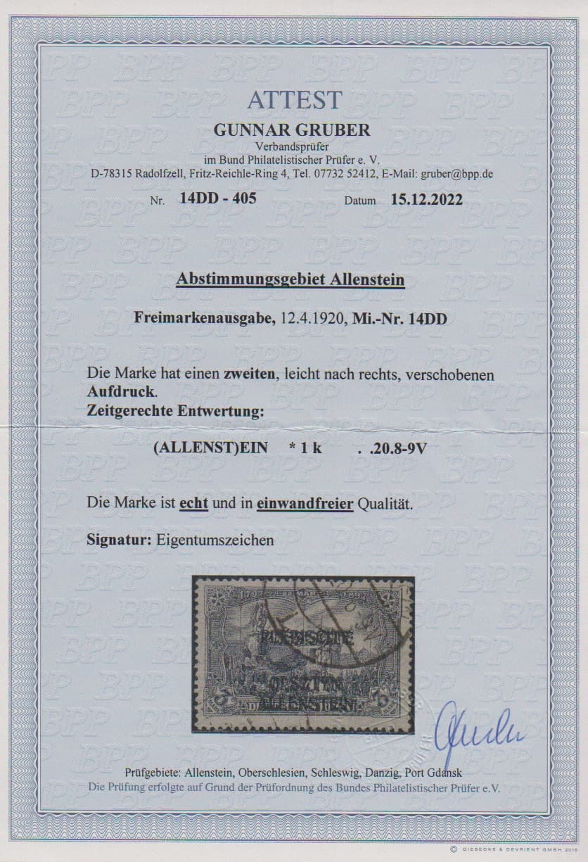 Los 954 - 3 Mk., Abart "doppelter Aufdruck" tadellos gestempelt, seltene Abart mit nur wenigen bekannten Exemplaren, Fotoattest Gruber. Mi. 1400,-