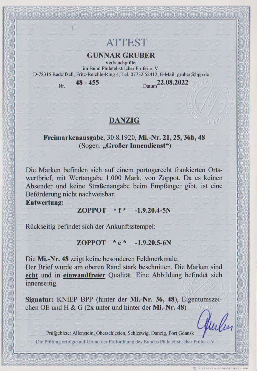 Los 955 - 60 Pfg. bis 2 Mk. großer Innendienst, die komplette Serie auf drei portogerecht frankierten Briefen. Die 60 Pfg. mit Zusatzfrankatur 15 Pfg. auf Einschreibebrief, die 1 und 2 Mk. auf Wertbriefen über 1000,- bzw. 2000,- Mark, ebenfalls mit Zusatzfrankatur. Alle drei Briefe mit sauber aufgesetzten Stempeln "Zoppot 1.9.20, 4-5N" und rs. Ankunftsstempel vom selben Tag, eine Stunde später. Sämtliche Marken in tadelloser Erhaltung, die Briefumschläge oben gering verkürzt. Aufgrund fehlender Absender- bzw. Straßenangabe gilt die Beförderung als nicht sicher nachweisbar. Schon Briefstücke dieser Ausgabe mit zeitgerechter Entwertung sind große Seltenheiten. In der hier gezeigten Form auf tarifmäßig frankierten Briefen sicherlich eine der Danzig-Raritäten überhaupt, mehrfach sign. und Fotoatteste Gruber. Mi. "-.-"