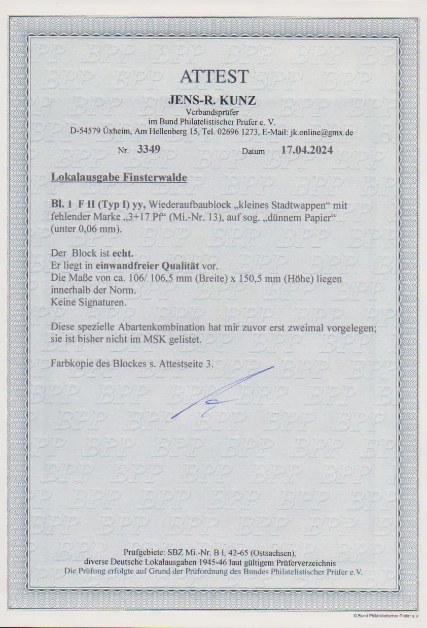 Los 996 - Finsterwalde, Wiederaufbau-Block, Abart "auf dünnem Papier" (unter 0,06mm) sowie fehlende Marke "3 + 17 Pf.", tadellos postfrisch. Die mit Abstand seltenste Abarten-Kombination dieser Blockausgabe. Schon die Abart "auf dünnem Papier" stellt für sich eine Rarität dar, welche bei Michel nur mit "-.-" notiert ist, Fotoattest Kunz "... hat mir zuvor erst zweimal vorgelegen, sie ist bisher nicht im Michel-Spezialkatalog gelistet"