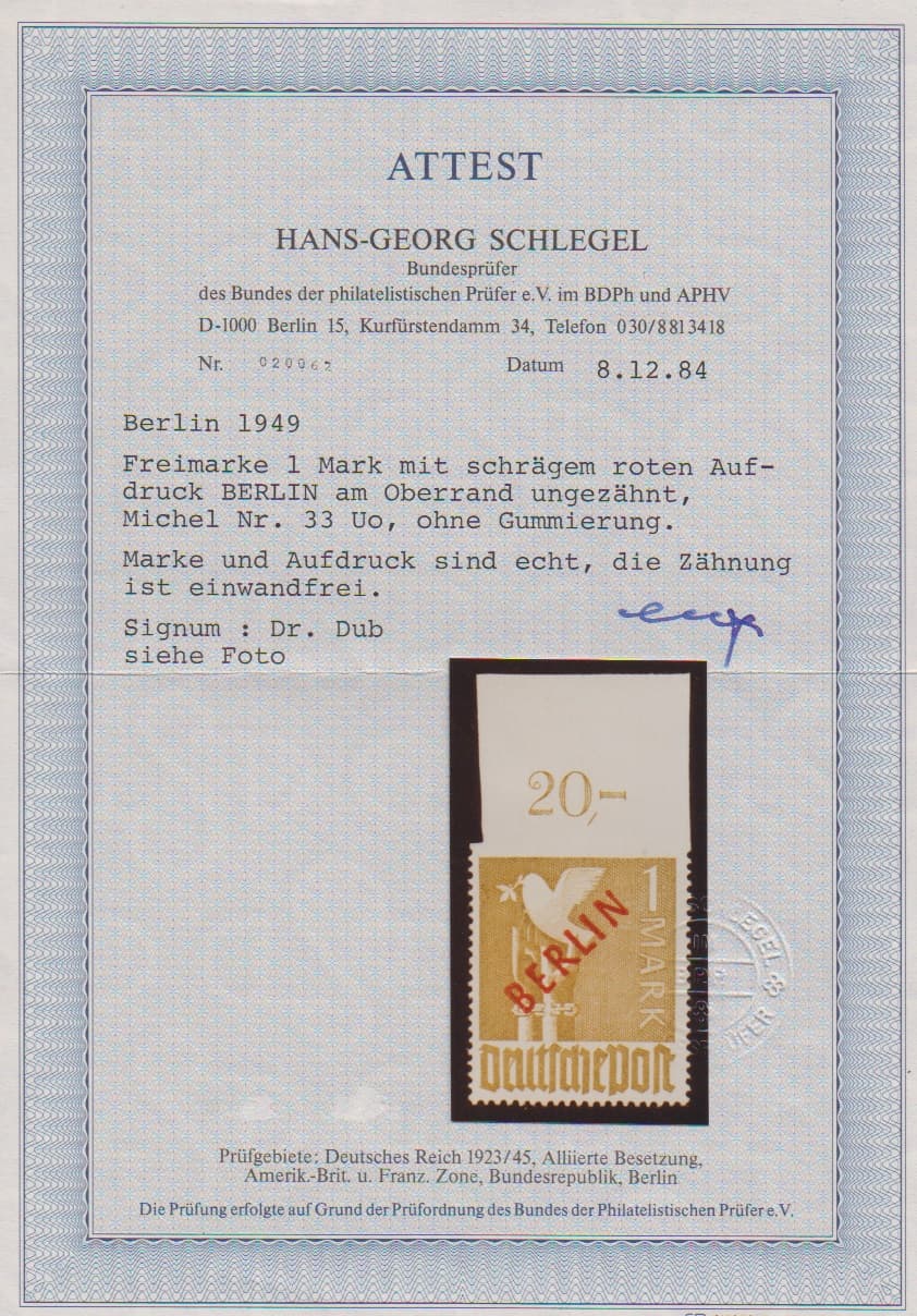 Los 1001 - 1 Mk. Rotaufdruck, tadellos ungebrauchtes Oberrandstück mit Abart "oben ungezähnt", die ungebrauchte Erhaltung ist für diese Abart typisch, nur wenige Exemplare bekannt, Attest Schlegel