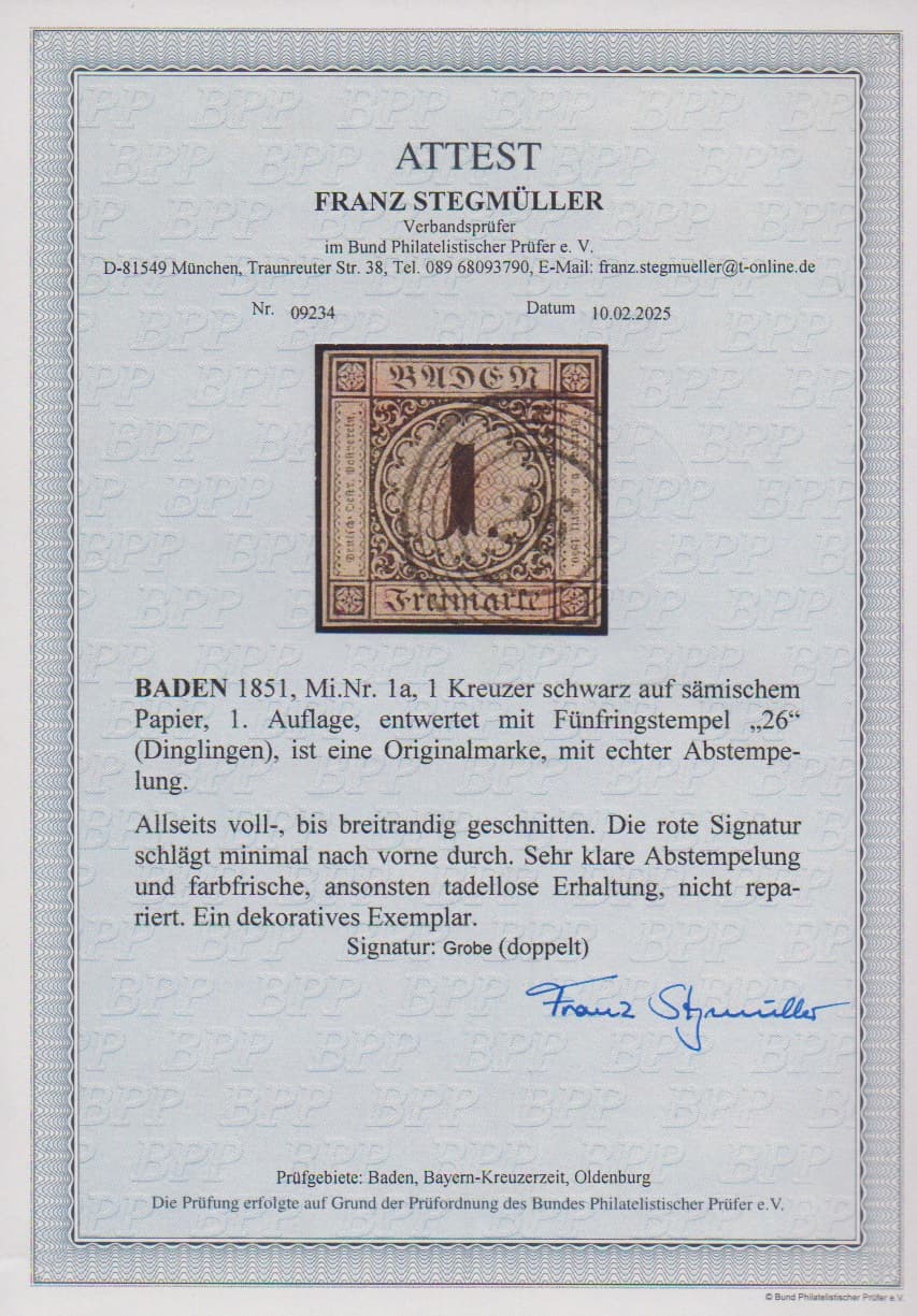 Los 1 - 1 Kr. schw./sämisch, allseits voll- bis breitrandiges Kabinettstück mit NS "26 (Dinglingen), sign. Grobe (etwas durchschlagend) und Attest Stegmüller (2025). Mi. 1000,-