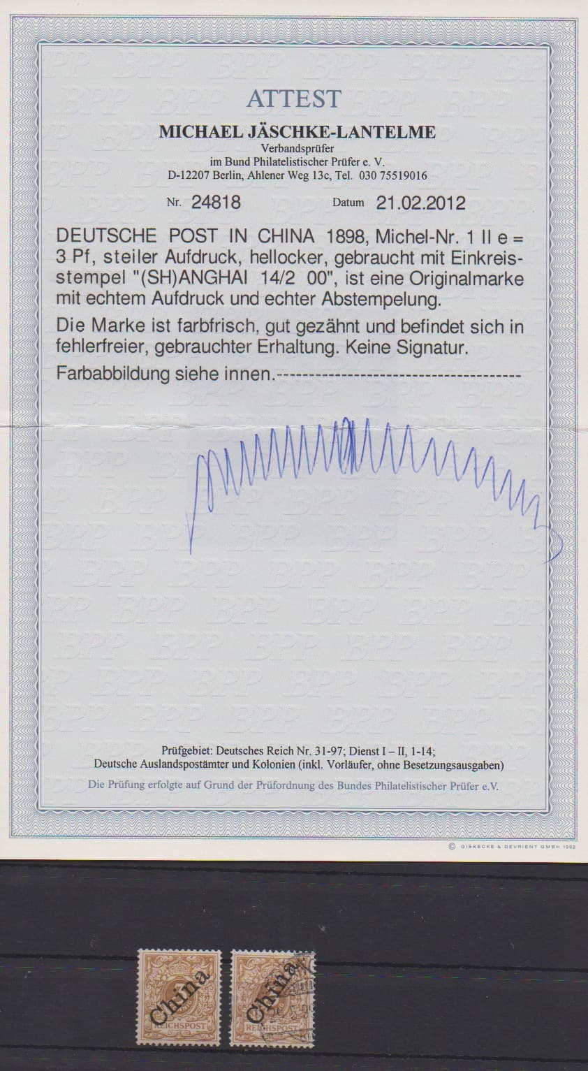 Los 6016 - 3 Pfg. steiler Aufdruck in guter Farbe "hellocker" gestempelt, ferner in ockerbraun mit PF I gest., sowie 3 Pfg. diagonaler Aufdruck ungebraucht. Sign. bzw. Attest Jäschke-L. Mi. 830,-