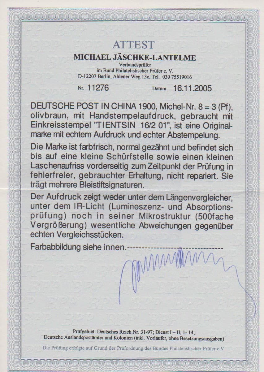 Los 6017 - 3 Pfg. "China"-Handstempel zentrisch gestempelt, kleine Schürfstelle und kleiner Laschenaufriss, Attest Jäschke-L. Mi. 1000,-