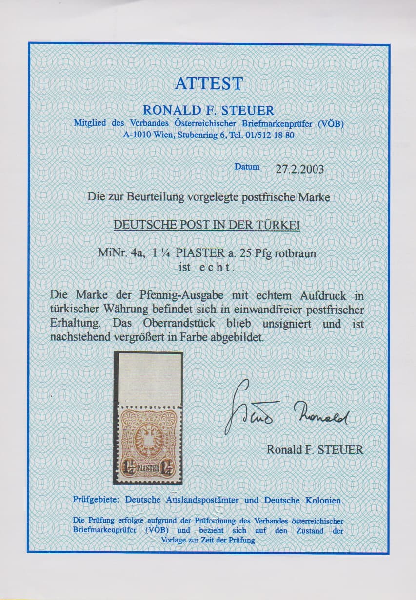 Los 938 - 1 1/4 Pia. a. 25 Pfg. in guter Farbe orangebraun als tadellos postfrisches Oberrandstück, Attest Steuer. Mi. 2200,- ++