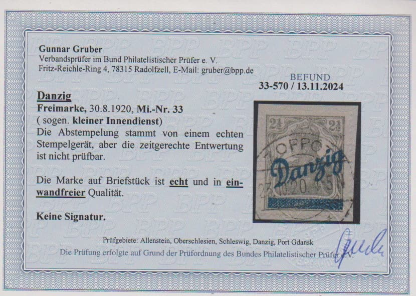 Los 6241 - 2 1/2 Pfg. kleiner Innendienst auf tadellosem Briefstück mit Stempel "Zoppot", Fotoexp. Gruber. Mi. 350,-