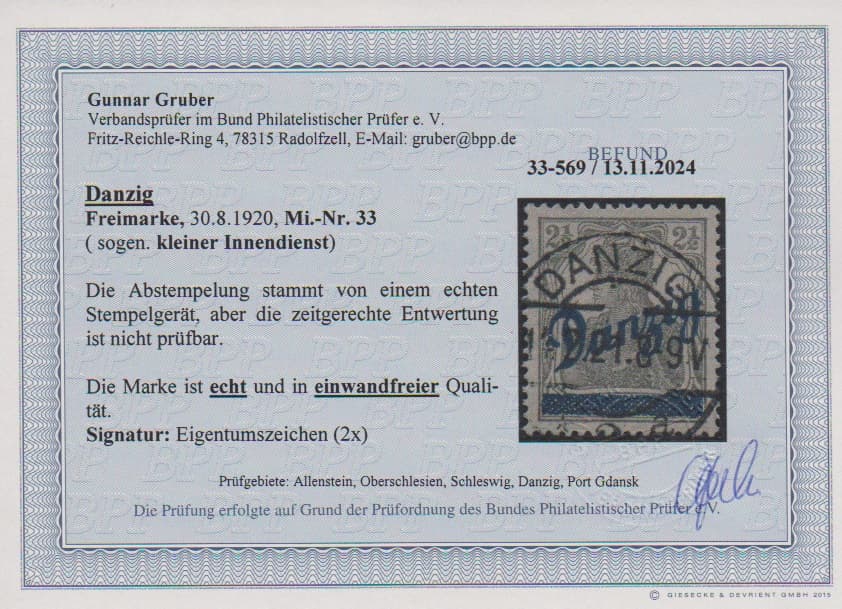 Los 6240 - 2 1/2 Pfg. kleiner Innendienst tadellos mit zentrischem Stempel "Danzig", Fotoexp. Gruber. Mi. 350,-