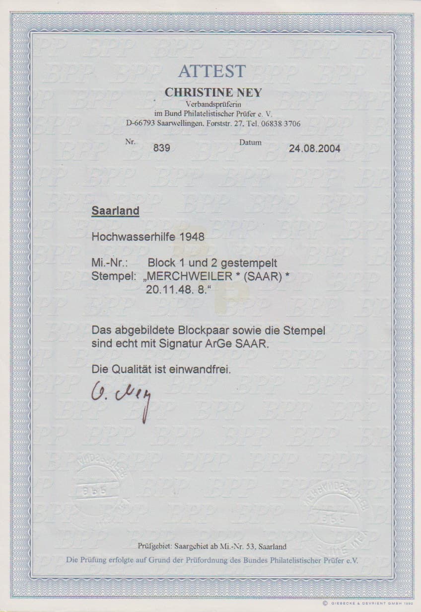 Los 957 - Hochwasser-Blockpaar einheitlich gestempelt "Merchweiler (Saar) 20.11.48". Sign. ArGe Saar und Attest Ney "einwandfrei". Mi. 5500,-