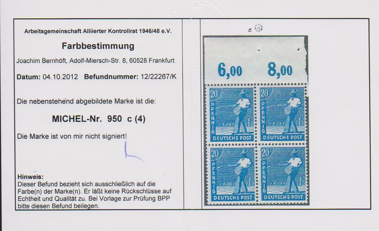 Los 999 - 20 Pfg. graukobalt im tadellos postfrischen Plattendruck-Oberrand-Viererblock, ndgz, seltene Nuance! Fotoexp. Bernhöft. Mi. lose 3000,-