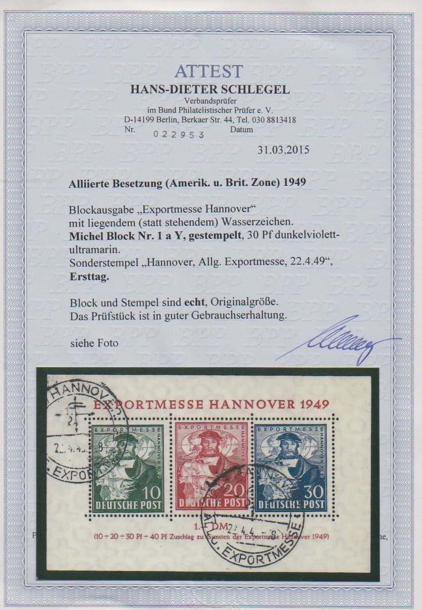 Los 1015 - Exportmesse-Block mit gutem liegendem (statt stehendem) Wasserzeichen gestempelt, Attest D. Schlegel. Mi. 4000,-