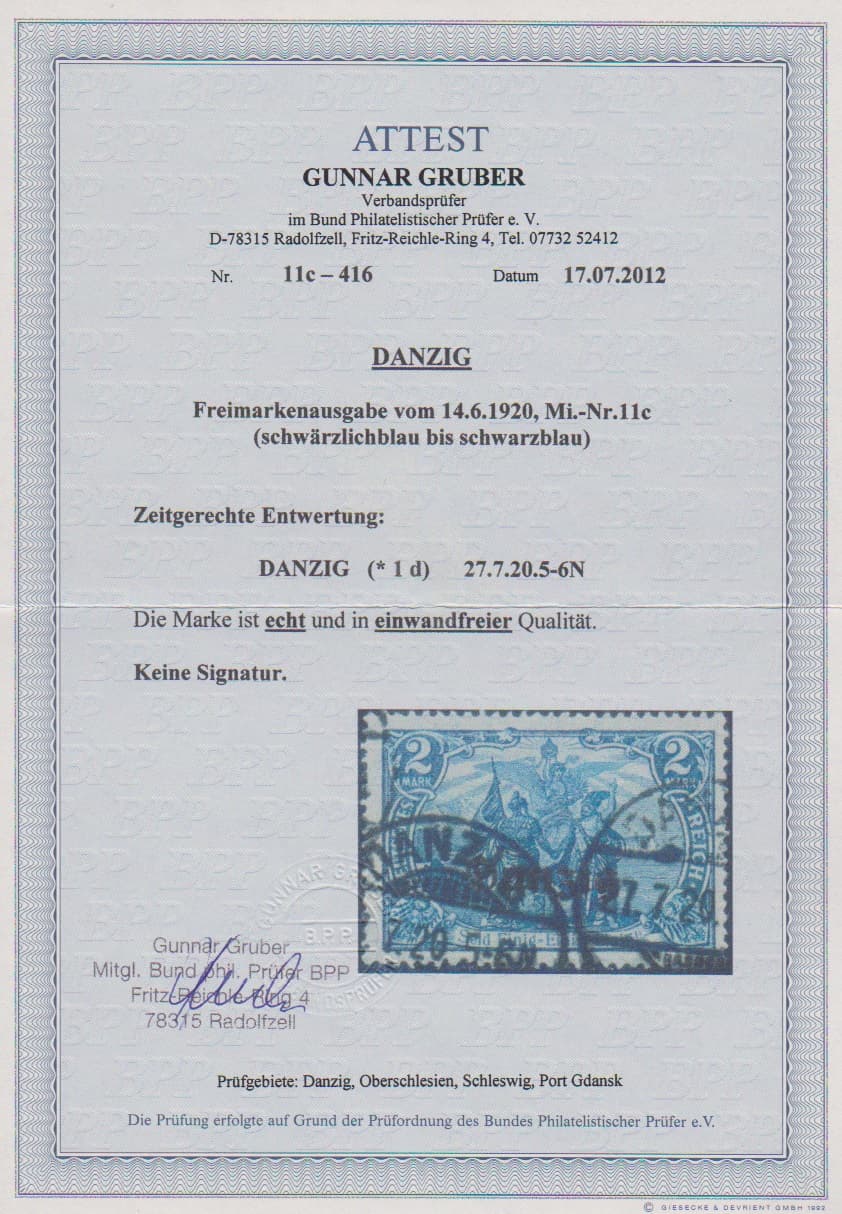 Los 6234 - 2 Mk. schwärzlichblau tadellos mit zeitgerechter Abstempelung "Danzig 1d, 27.7.20", Attest Gruber "in einwandfreier Qualität", Mi. 1800,-