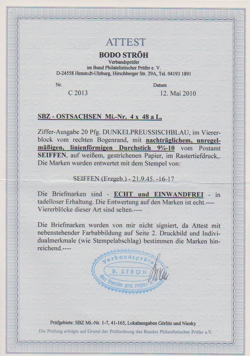 Los 1005 - 20 Pfg. dunkelpreußischblau, Postmeistertrennung "Seiffen", Luxus-Viererblock vom rechten Bogenrand mit zentrischem Stempel "Seiffen (Erzgeb.) 21.9.45", Fotoattest Ströh "echt und einwandfrei ... Viererblöcke dieser Art sind selten". Mi. 4000,- lose ++