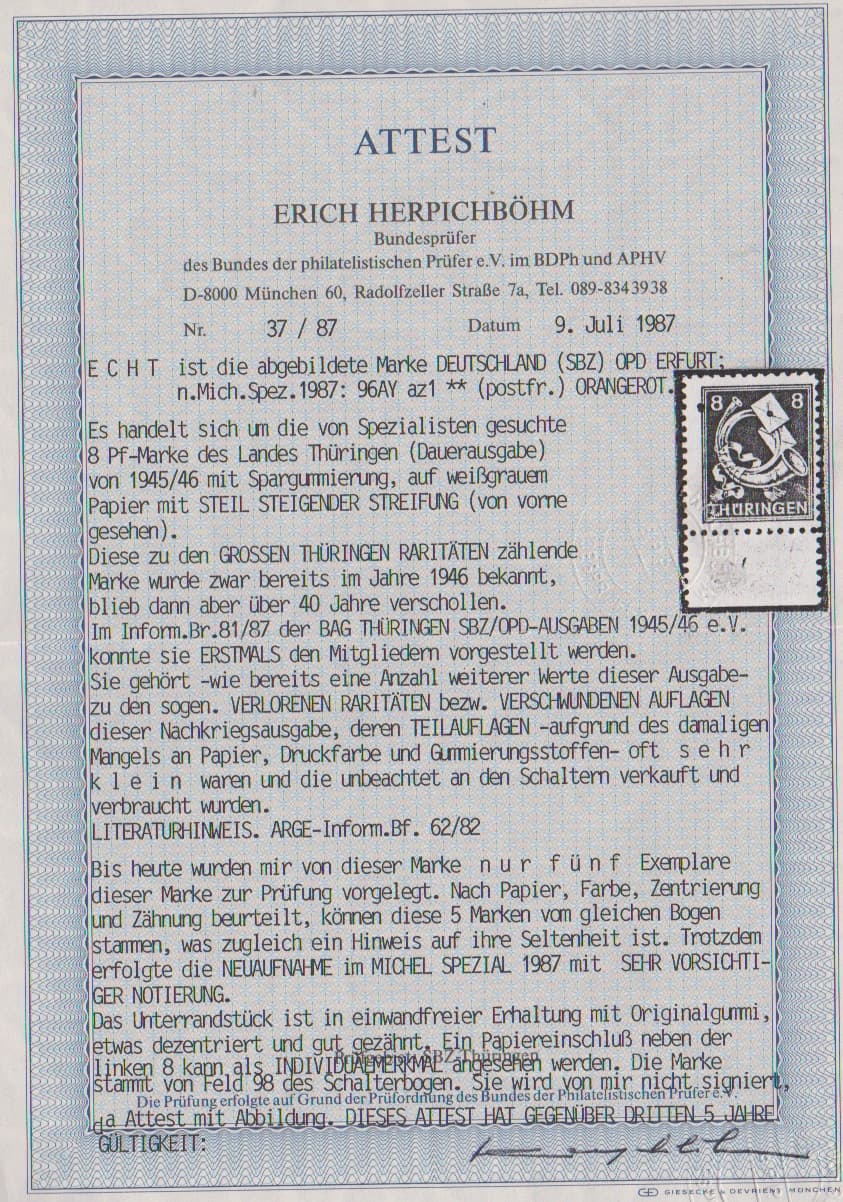 Los 1007 - 8 Pfg. in seltener Variante auf Papier "z1" (wahrscheinlich nur ein Bogen hergestellt), tadellos postfrisch vom Unterrand, links oben herstellungsbedingter Papiereinschluß (kein Mangel). Unsigniert, Fotoatteste Herpichböhm und Ströh "Echt und einwandfrei ... Die 8 Pfg.-Marken in dieser Papiersorte zählen zu den SBZ-Seltenheiten". Mi. 3200,-