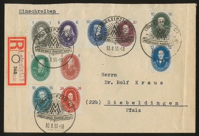 Los 7045 - 1 bis 50 Pfg. Akademie auf eingeschriebenem Satzbrief von Leipzig nach Siebeldingen/Pfalz (rs. ohne Oberklappe und Beförderungsspuren)