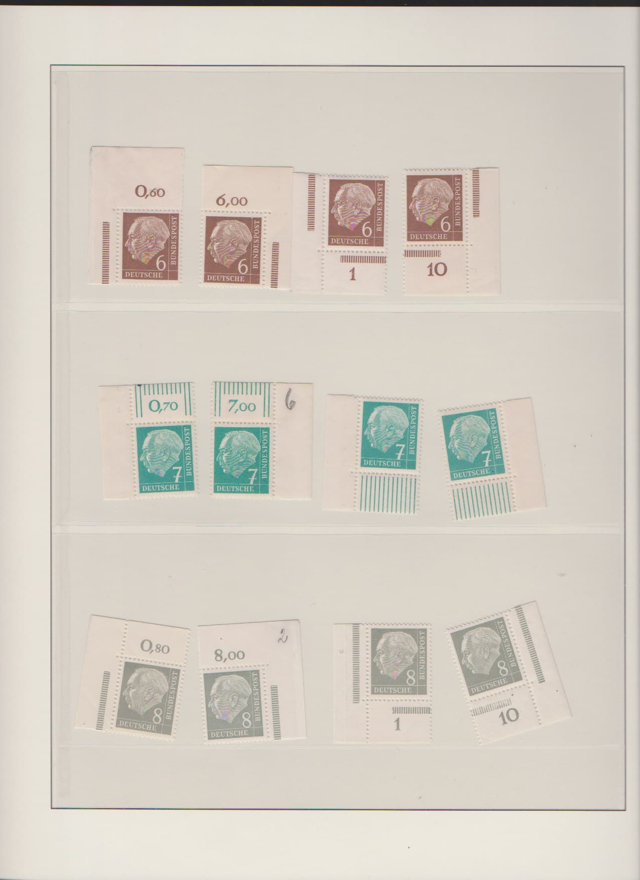 Los 1022 - Heuss, alle vier verschiedenen Bogenecken komplett postfrisch inkl. 50/60 Pfg., u.a. 15 Pfg. DZ, 40 Pfg. Formnummer, ein seltenes Angebot!