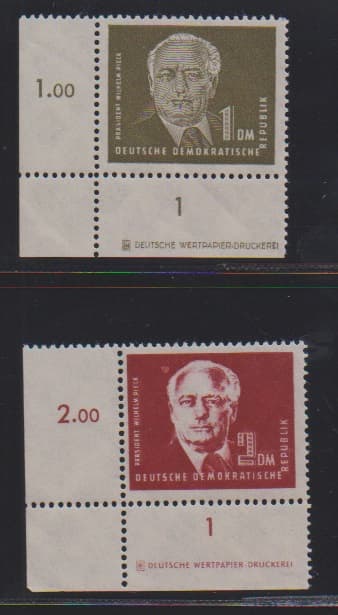 Los 7042 - 1 und 2 Mk. Pieck, je postfrische linke untere Bogenecken mit Druckerzeichen 2, Mi. mind. 400,-