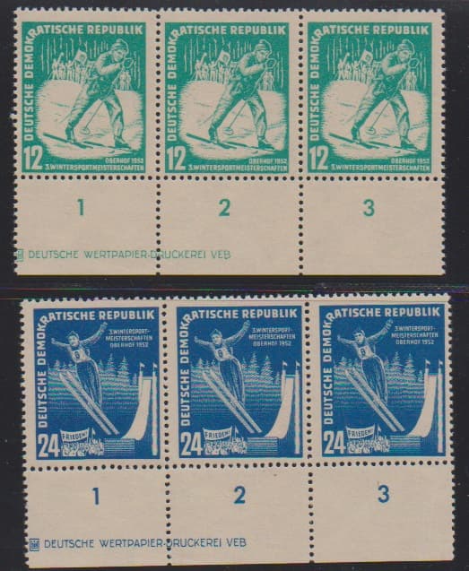 Los 7053 - Wintersport in postfrischen Unterrand-Dreierstreifen mit kpl. Druckerzeichen, Mi. 130,- +