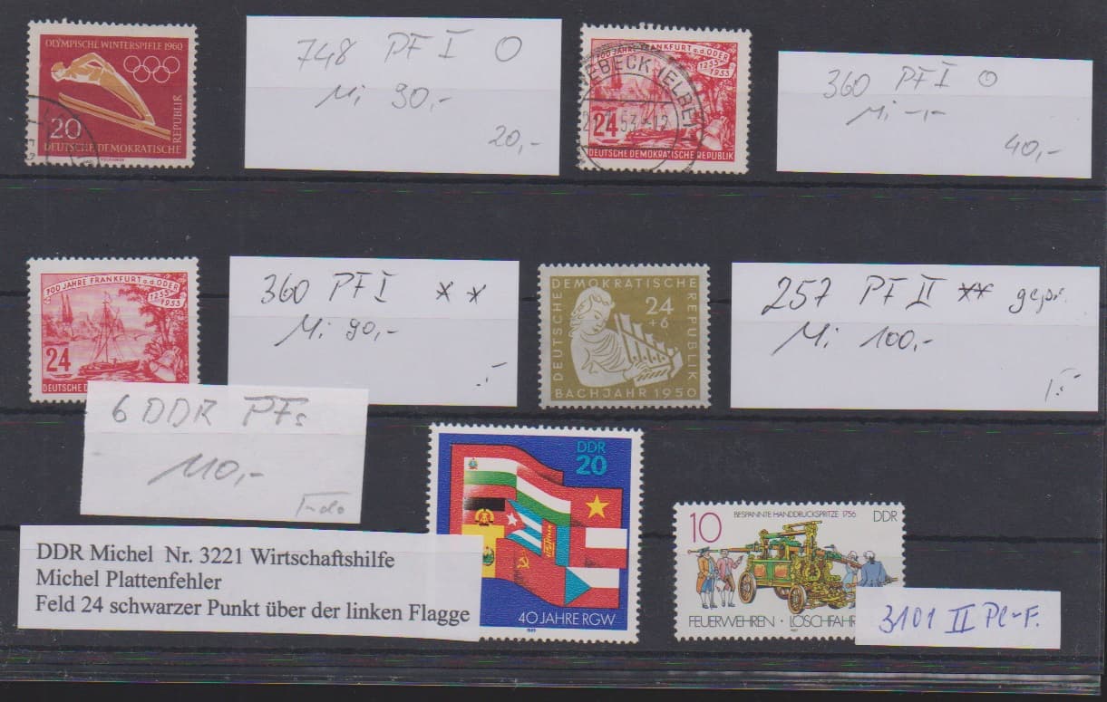 Los 7044 - Sechs verschiedene Plattenfehler: Nr. 257II, 360I, 3101II und 3221 Feld 24 je postfrisch, sowie Nr. 360I und 748I gest. Mi. 280,- plus dreimal "-.-"