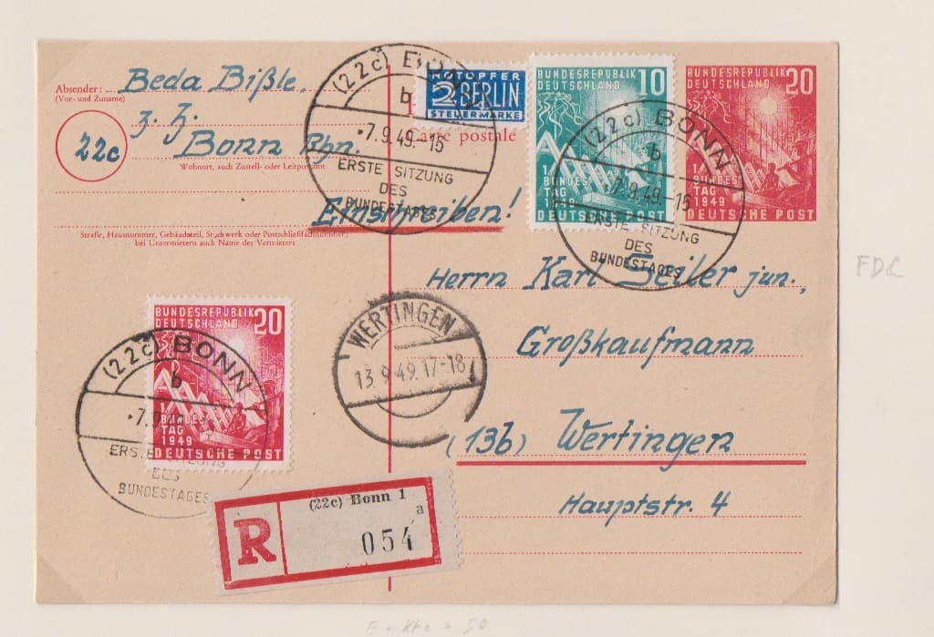 Los 7192 - Bundestag, zwei Ganzsachenkarten 10 bzw. 20 Pfg. je als R-Karten vom Ersttag, mit Zusatzfrankatur 10(2) u. 20 Pfg. bzw. 20 u. 10 Pfg. Bundestag. Mi. 300,- +