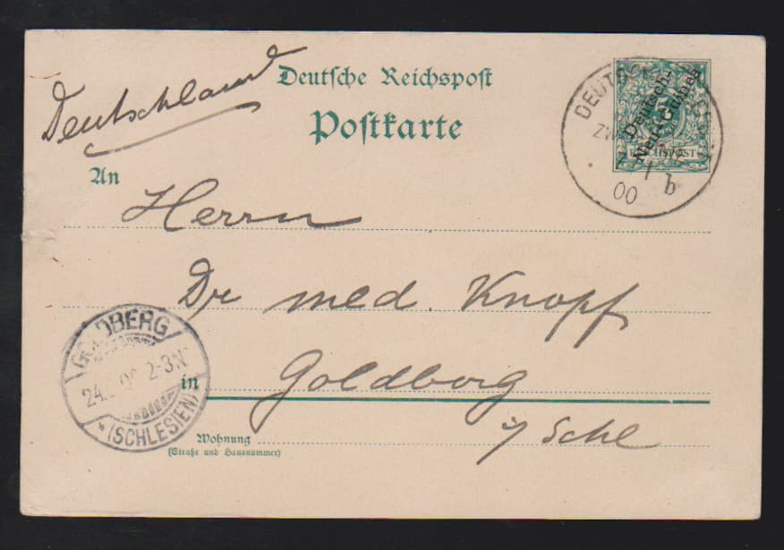 Los 6072 - Ganzsachenkarte 5 Pfg. mit Stempel "Seepost Neu-Guinea-Zweiglinie b 7/1 00" nach Deutschland gelaufen