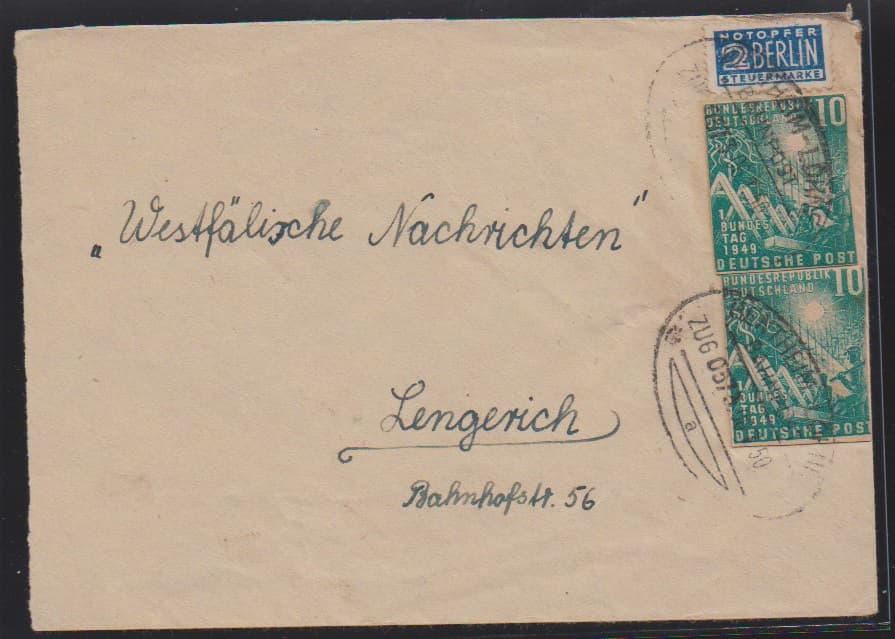 Los 7194 - Ganzsachen-Ausschnitt 10 Pfg. Bundestag per zwei als Mehrfach-Frankatur auf (zweiseitig geöffnetem und links verkürztem) Couvert mit Bahnpost-Ovalstempel "Bentheim-Löhne"