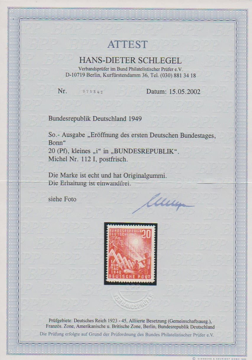 Los 7200 - 20 Pfg. Bundestag, Plattenfehler "kleines i", tadellos postfrisch, Attest D. Schlegel. Mi. 600,-