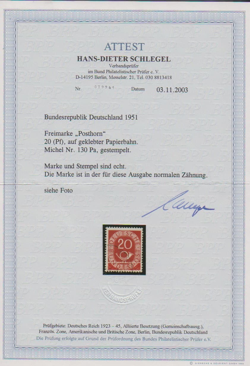 Los 1018 - 20 Pfg. Posthorn, Abart "auf geklebter Papierbahn" gestempelt, im Michel nur für postfrisch (1800,- Mi.) gelistet, gestempelt dürfte es vielleicht ohnehin nur ein oder zwei Exemplare geben und im Michel ohne Bewertung. Attest D. Schlegel