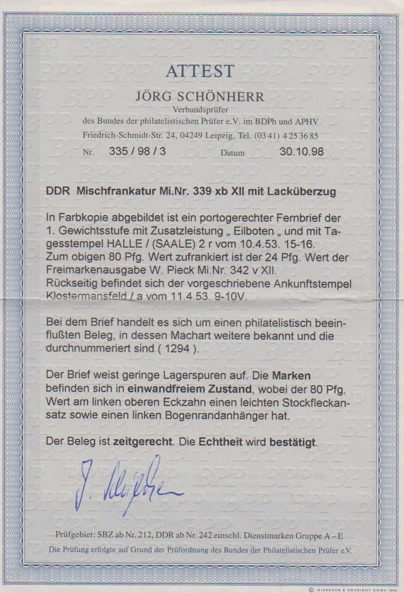 Los 7059 - 80 Pfg. Thälmann Lack vom linken Bogenrand (oben am Rand kleine Tönung), nebst 24 Pfg. Pieck, auf portoger. gelaufenem Expreßbrief von Halle nach Klostermansfeld 1953, Mi. 2400,-. Attest Schönherr: "Die Marken befinden sich in einwandfreiem Zustand."