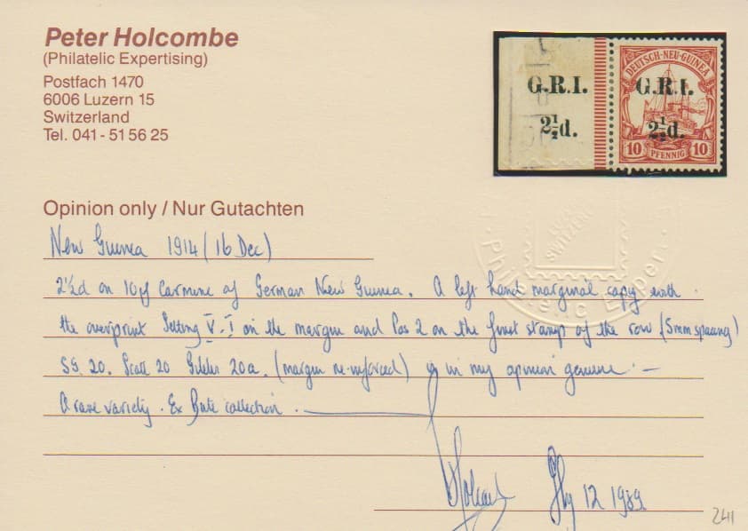 Los 6073 - Britische Besetzung, 2 1/2 d. a. 10 Pfg., Setting 5, Pos. 1, Abart "zusätzlicher Aufdruck auf dem linken Bogenrand" tadellos ungebraucht. Seltene Marke, Fotobefund Holcombe "A scare variety". Ex Slg. Bute (SG 20, Gibbs 20a)