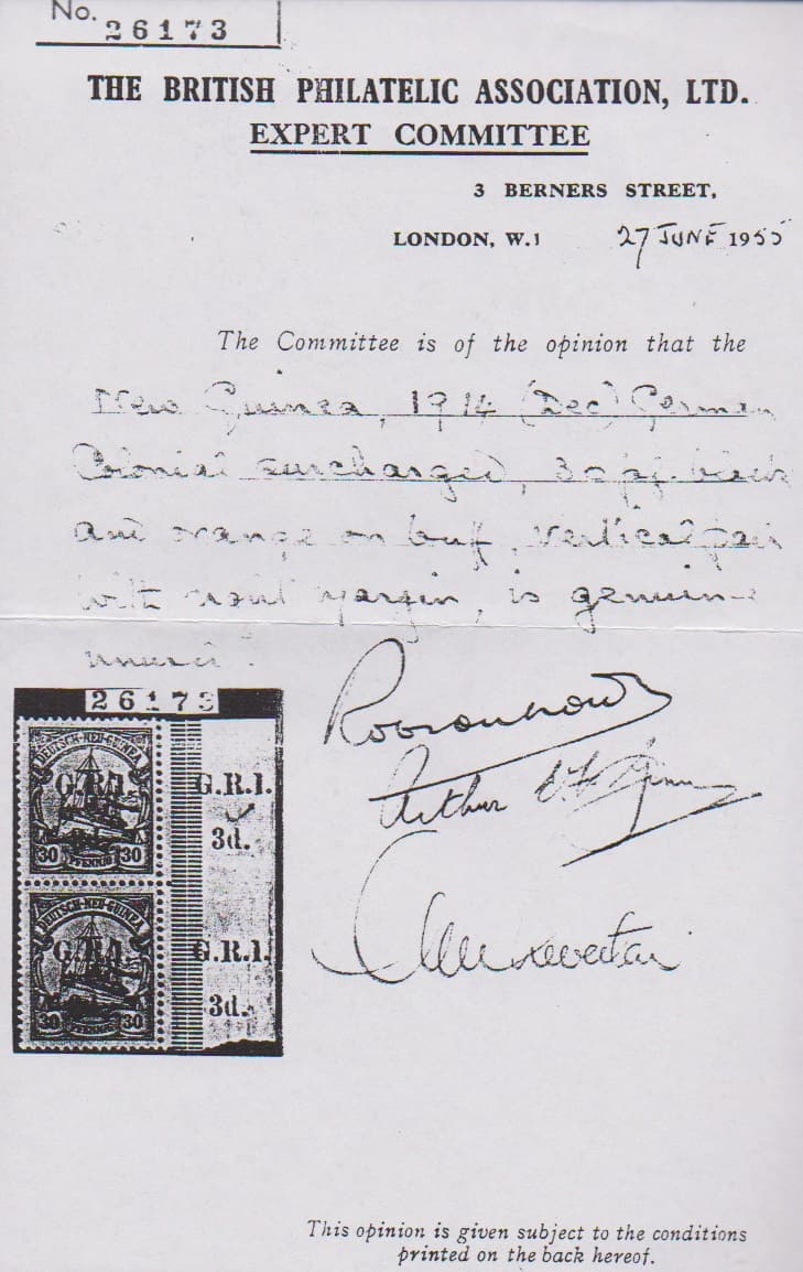 Los 6074 - Britische Besetzung, 3 d. a. 30 Pfg., Setting 5, Pos. 10, Abart "zusätzlicher Aufdruck auf dem rechten Bogenrand" tadellos ungebraucht. Sehr selten, Kopie von Fotoattest BPA für ein senkr. Paar, aus dem diese Marke stammt (SG 23var)