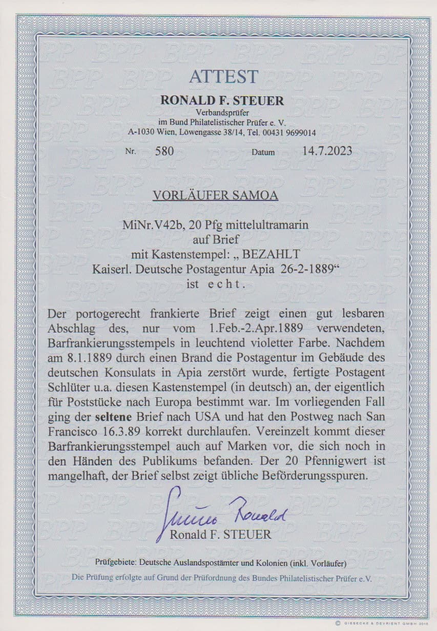 Los 953 - Vorläufer 20 Pfg. ultramarin als Einzelfrankatur auf kleinem Couvert nach San Francisco, Aushilfs-Kastenstempel "BEZAHLT Kaiserl. Deutsche Postagentur Apia 26.2.1889" in leuchtend violetter Farbe (der infolge der durch Brand zerstörten Postagentur provisorisch vom dortigen Postmeister angefertigt wurde und an sich nur auf Post nach Europa vorkommt). Rs. Eingangsstempel von San Francisco vom 16.4.1889. Der Kastenstempel von Apia kommt ansonsten nur in schwarzer Farbe vor, in der hier gezeigten Form ist uns kein weiterer Abschlag bekannt, Attest Steuer