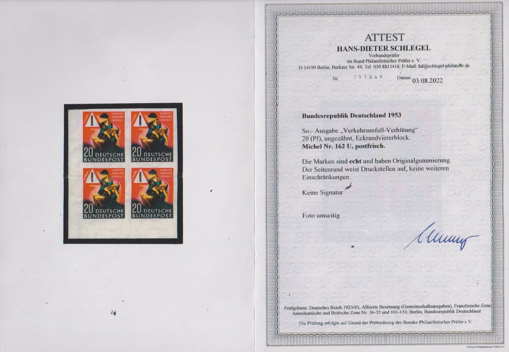 Los 1021 - 20 Pfg. Unfallverhütung, Abart "ungezähnt" postfrisch vom linken Bogenrand, Attestkopie Schlegel für zerteilten Viererblock. Mi. 1200,-