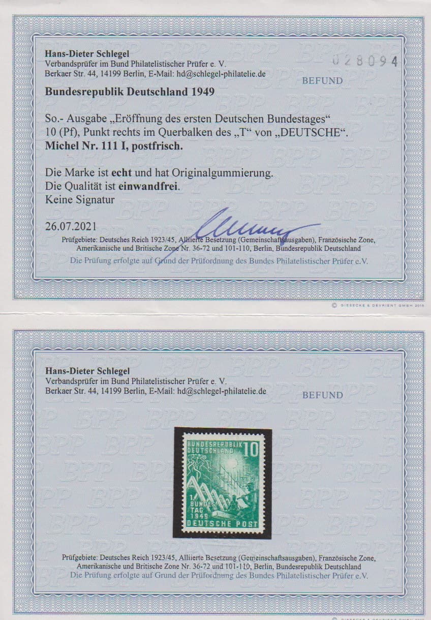 Los 7195 - 10 Pfg. Bundestag mit Plattenfehler I tadellos postfr., Fotoexp. Schlegel. Mi. 500,-