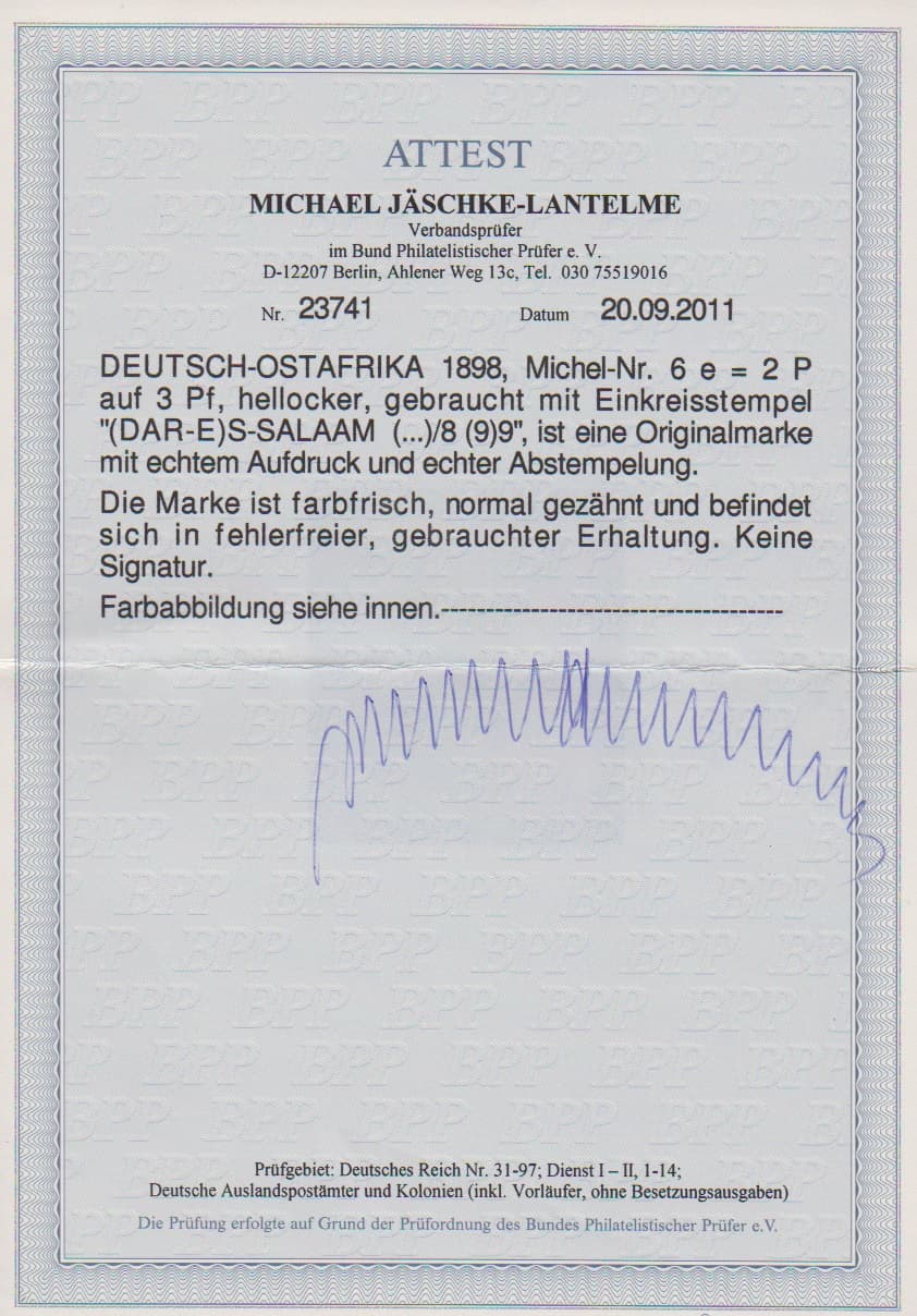 Los 6079 - 2 P. a. 3 Pfg. in guter Farbe hellocker tadellos gest., Attest Jäschke-L. Mi. 500,-