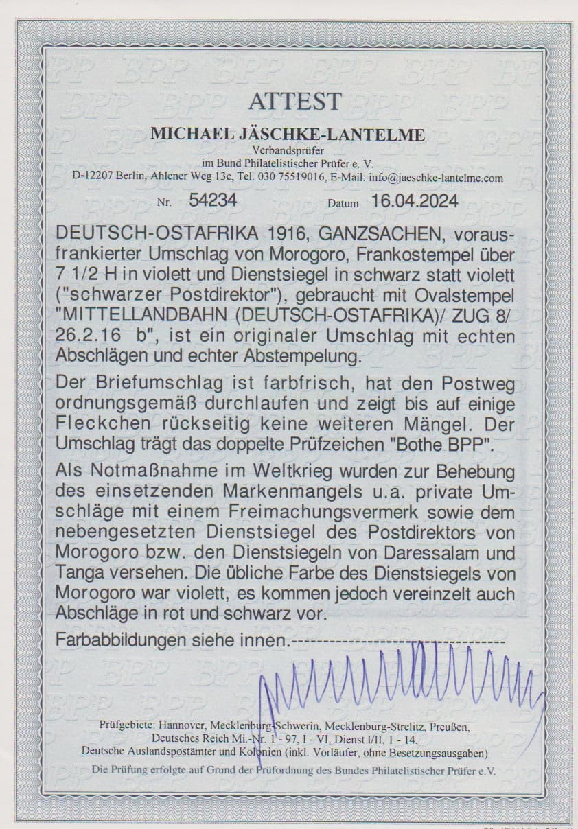 Los 944 - Ganzsache, 1916, Vorausfrankierungs-Umschlag von Morogoro, Frankostempel "Frankiert mit 7 1/2 H." in violett, das Dienstsiegel in schwarz statt violett ("schwarzer Postdirektor"), gebraucht mit Bahnpoststempel der Mittellandbahn (Zug 8), 26.2.1916, nach Daressalam, leichte und typische Gebrauchsspuren, m.E. einwandfrei. Seltene Variante mit dem schwarzen Dienstsiegel, sign. Bothe und Attest Jäschke-L.