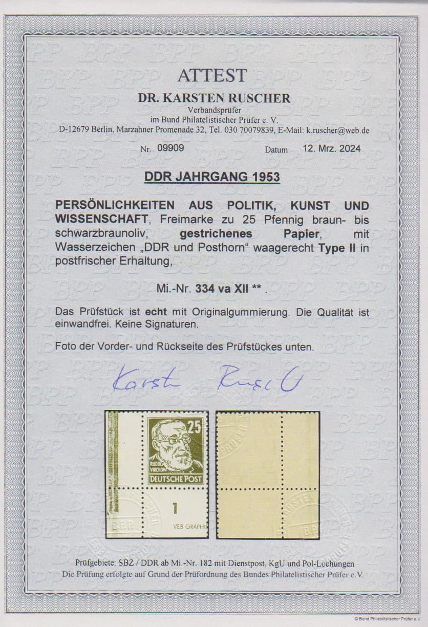 Los 7057 - 25 Pfg. Köpfe in guter Type vaXII postfrisch aus der linken unteren Bogenecke mit Teil des Druckerzeichens, Attest Ruscher. Mi. 1000,- ++