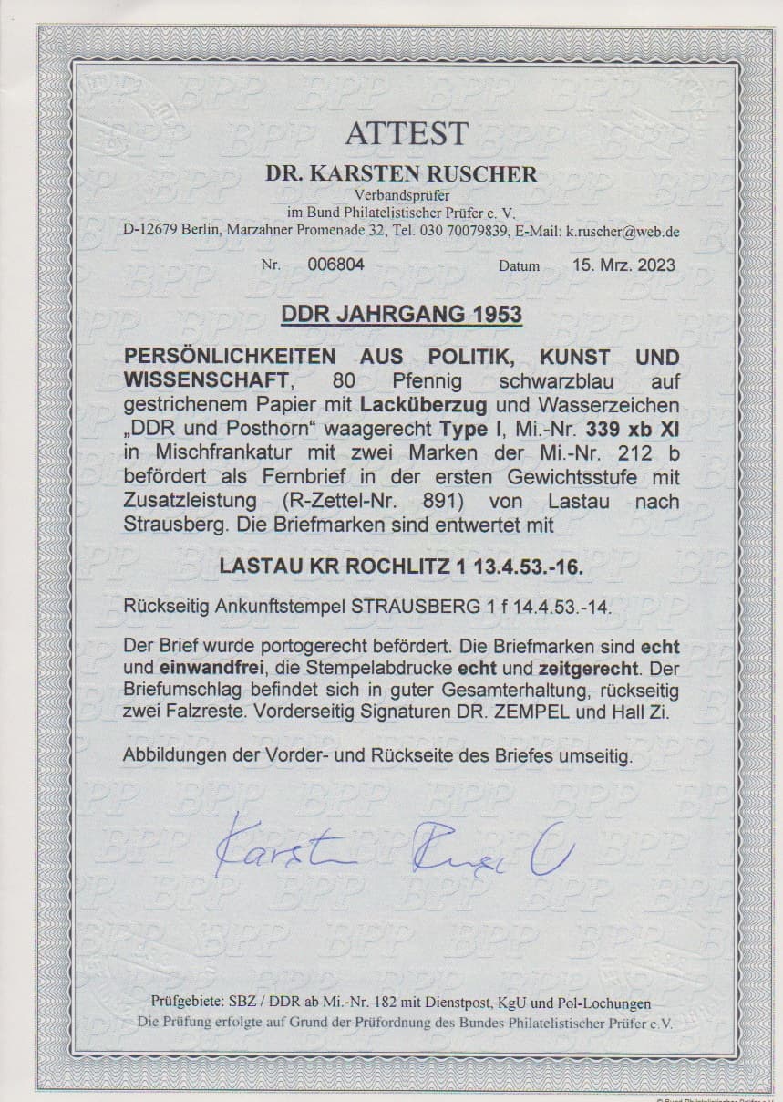 Los 1009 - 80 Pfg. "Thälmann Lack", nebst Paar 2 Pfg., auf portogerechtem, gelaufenem R-Brief aus Lastau Kr. Rochlitz, 13.4.53. Sign. Dr. Zempel, Zirkenbach und Attest Ruscher "einwandfrei". Ganzstücke mit dieser Marke sind selten! Mi. 2000,-