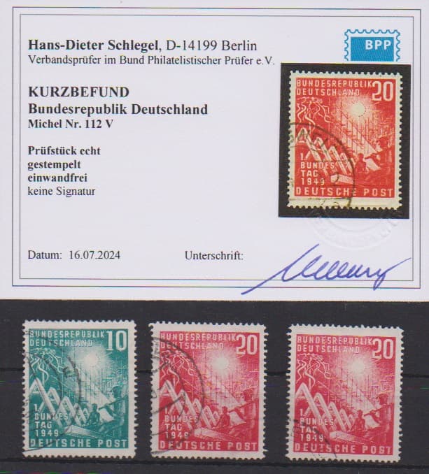 Los 7196 - Bundestag, Plattenfehler, 10 Pfg. mit PF III (Mi. 200,-), sowie 20 Pfg. mit PF II (Mi. "-.-"), III (Mi. 300,-) und V (Mi. "-.-", selten!), je gest., sign. bzw. Fotoexp. Schlegel